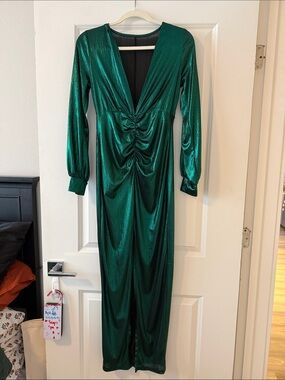 Metallic Emerald Green Ruched V-Neck Maxi Dress
